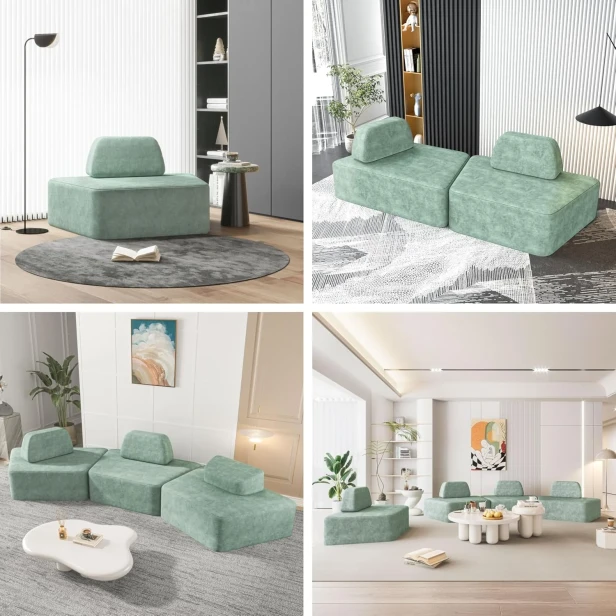 Kolaż prezentujący różne konfiguracje i wnętrza z wykorzystaniem elementów Narożnika Modułowego Półokrągłego