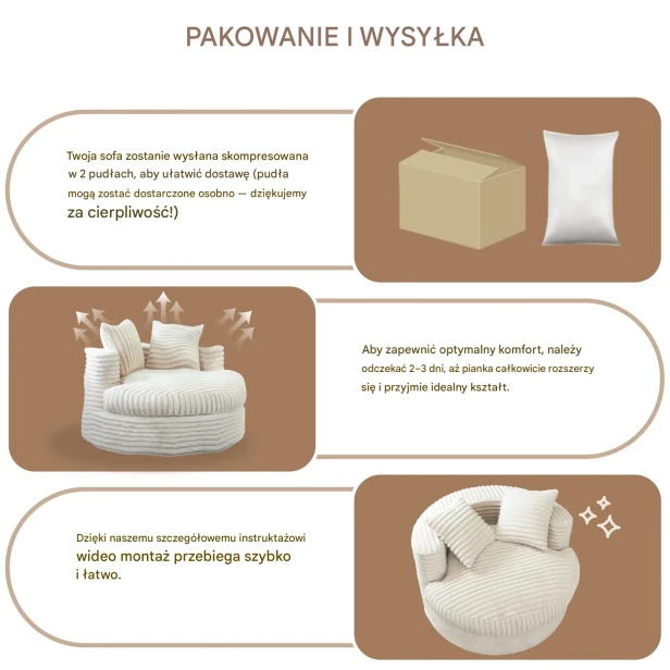 Wypoczynkowy Okrągły Szezlong, sofa, fotel, beżowy. Szczegóły wysyłki, rozpakowania i montażu.