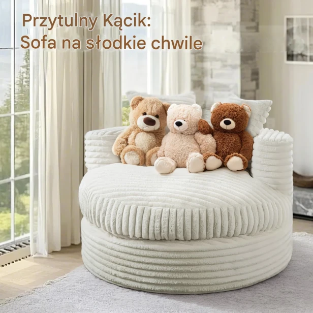 Pluszowe  misie położone na Wypoczynkowym Okrągłym Szezlongu, sofie, fotelu, beżowym.