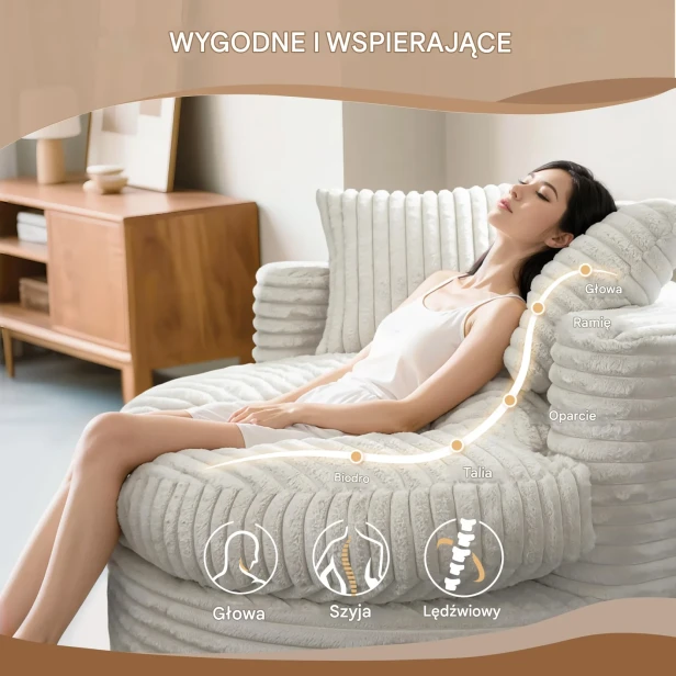 Kobieta leży na Wypoczynkowym Okrągłym Szezlongu, sofie, fotelu, beżowym. Rodzaje podparcia.