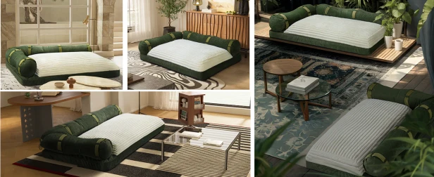 Aksamitna Sofa Podłogowa z Funkcją Spania i Oparciem, pięć różnych aranżacji.