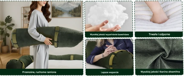 Aksamitna Sofa Podłogowa z Funkcją Spania i Oparciem, kolaż kluczowych cech.