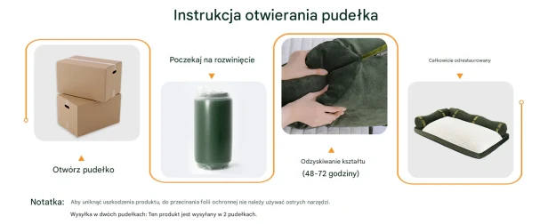 Aksamitna Sofa Podłogowa z Funkcją Spania i Oparciem, instrukcja otwierania pudełka.