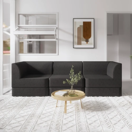 Nowoczesna, Sofa Modułowa 3-osobowa w kolorze ciemnej szarości w aranżacji w salonie.