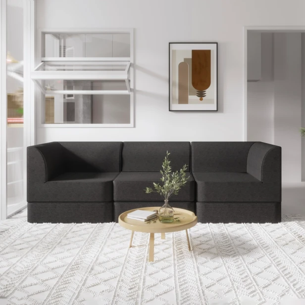 Nowoczesna, Sofa Modułowa 3-osobowa w kolorze ciemnej szarości w aranżacji w salonie.