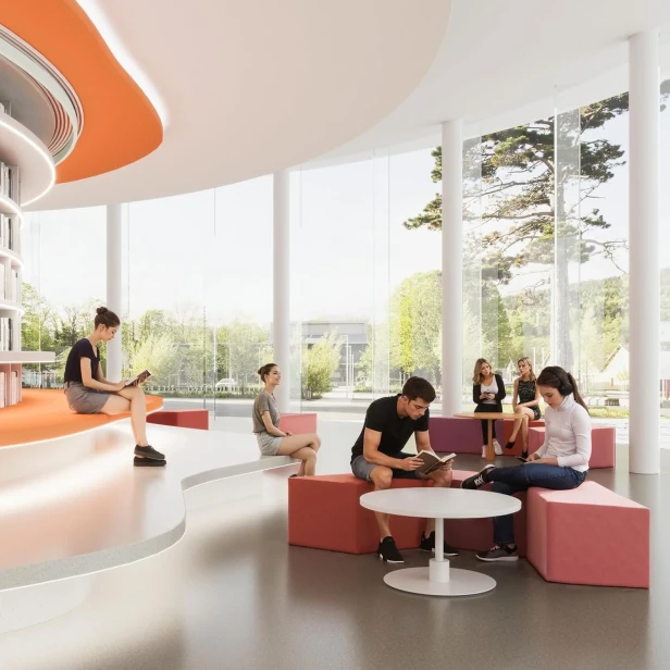 Modułowy Zestaw Aksamitnych Puf w odcieniach różu i czerwieni  w nowoczesnej przestrzeni publicznej (biblioteka/hol). Elastyczne, wygodne i stylowe siedziska do stref relaksu.