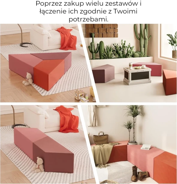 Grafika przedstawia cztery różne układy puf, demonstrując ich elastyczność i geometryczny charakter.