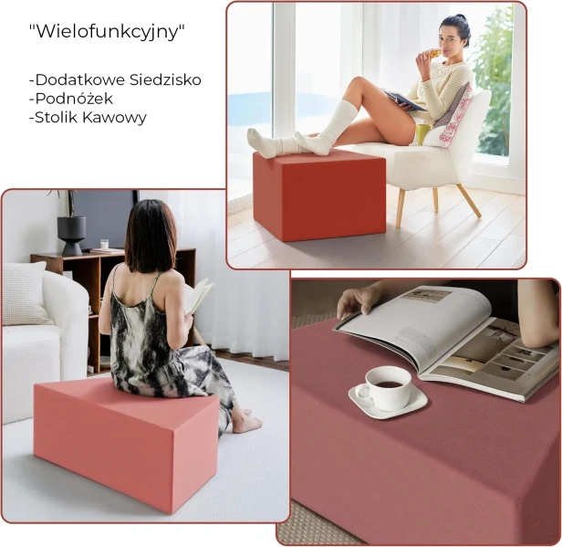 Zdjęcie przedstawia wizualne potwierdzenie hasła "Wielofunkcyjny" w odniesieniu do pojedynczych modułów z Modułowego Zestawu Aksamitnych Puf.