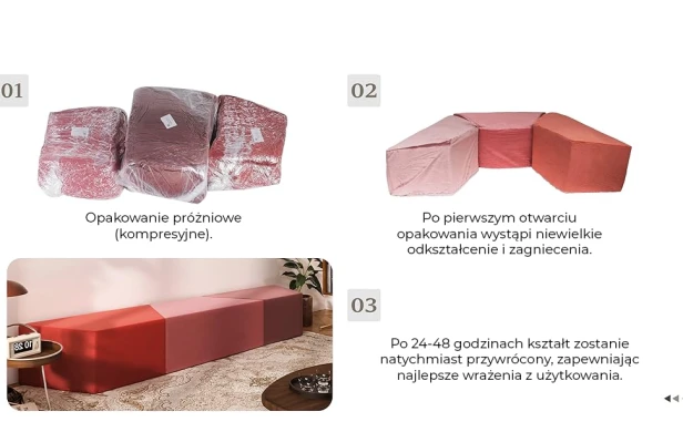 Logistyka dostawy i przygotowania do użytku Modułowego Zestawu Aksamitnych Puf, podkreślając wygodę i szybkość powrotu do pełnego kształtu.