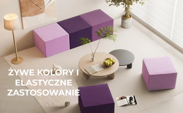 Modułowe podnóżki lawendowe. Wielofunkcyjne i stylowe piankowe pufy/kostki. Aranżacja w domu.