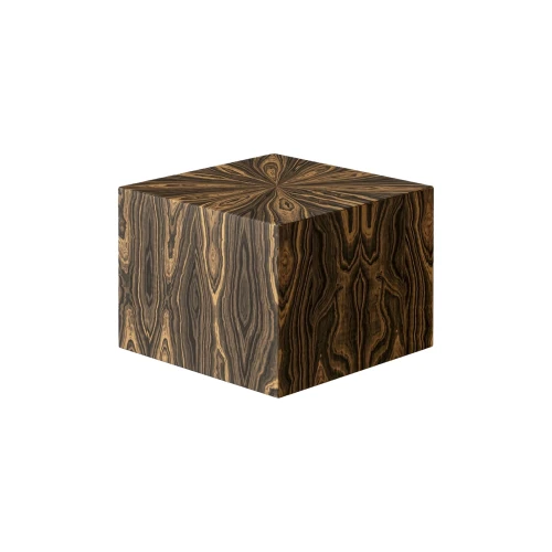 Nowoczesny podnóżek, pufa. Minimalistyczna kostka, pluszowe siedzisko. Wzór ciemne drewno.