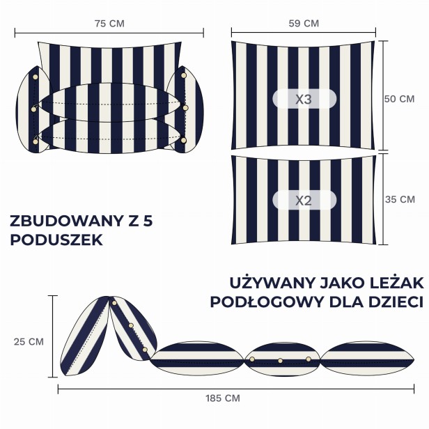 Wielofunkcyjna Sofa z Poduszek Podłogowych, wymiary produktu