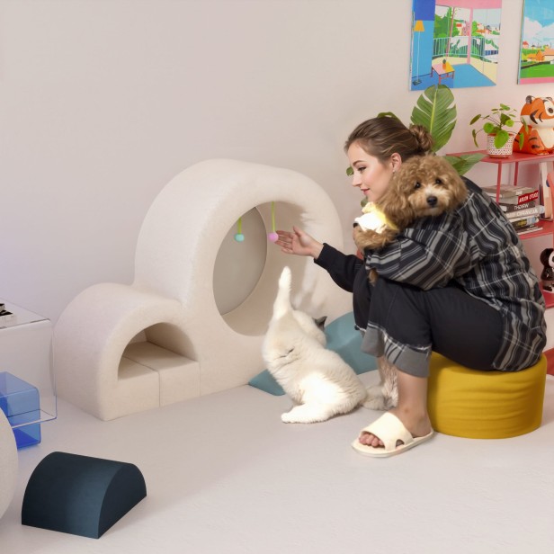 Kobieta bawiąca się z kotami na Kociej Drabince Wspinaczkowej.