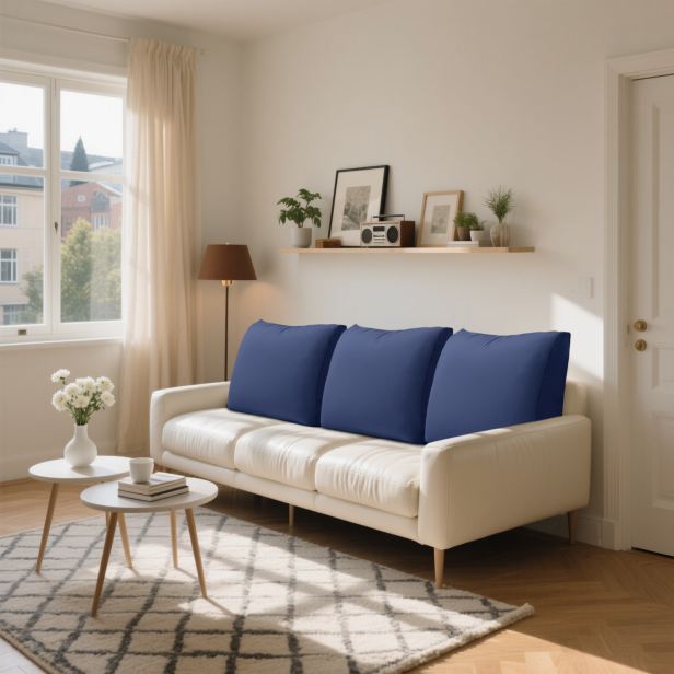 3 Wielofunkcyjne Poduszki na Kanapę Granatowe,  aranżacja w salonie na kanapie.