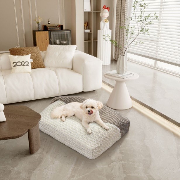 Pies leżący na Pikowane Legowisko dla Psa - Kieszeń w domu