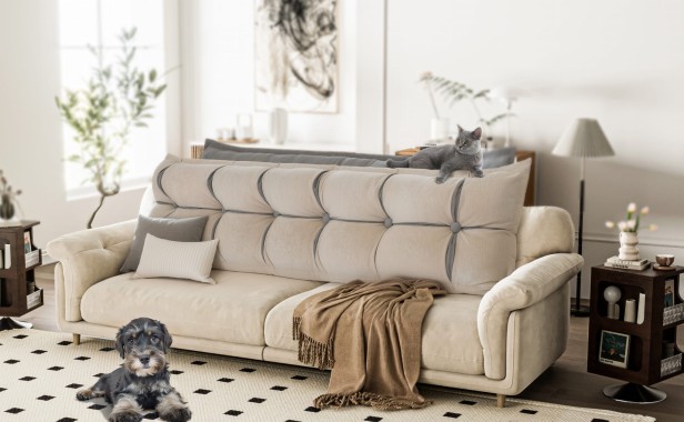 Poduszka Zagłówkowa ze Schowkiem Beżowo-Szara, aranżacja w salonie na kanapie.