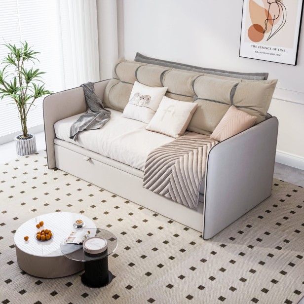 Poduszka Zagłówkowa ze Schowkiem Beżowo-Szara, aranżacja na kanapie w salonie.