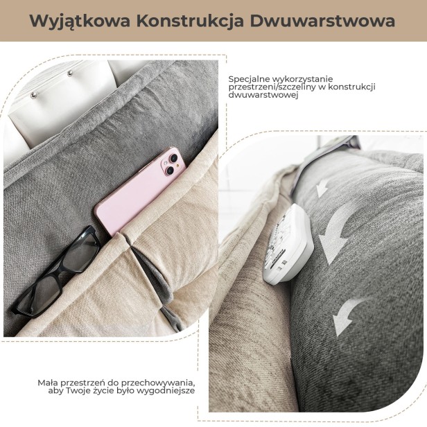 Poduszka Zagłówkowa ze Schowkiem Beżowo-Szara, szczegóły konstrukcji.