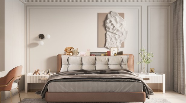 Poduszka Zagłówkowa ze Schowkiem Beżowo-Szara, aranżacja w sypialni na łóżku.