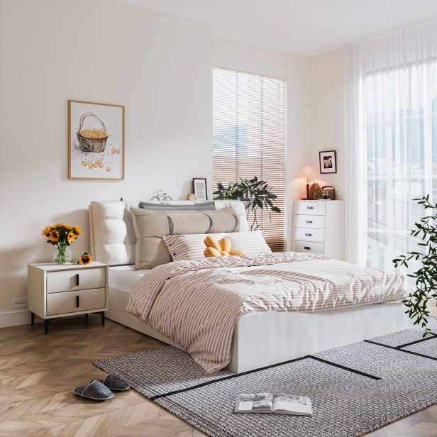 Poduszka Zagłówkowa ze Schowkiem Beżowo-Szara, aranżacja w sypialni na łóżku.