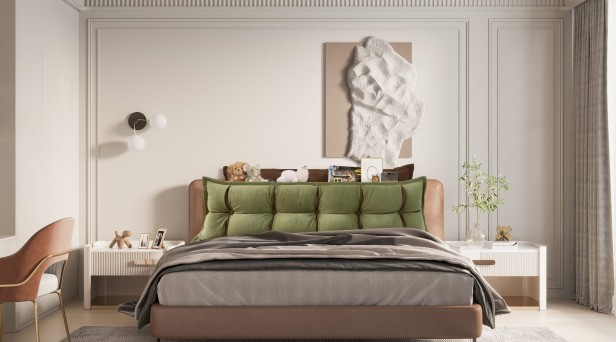 Poduszka Zagłówkowa ze Schowkiem Zielono-Pomarańczowa, aranżacja w sypialni na łóżku.