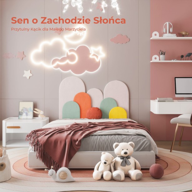 Miękki Pluszowy Zagłówek "Zachód Słońca", aranżacja w pokoju dziecięcym.