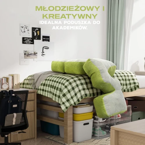 Oparcie na Zagłówek Snake zielono-szare w akademiku na łóżku.