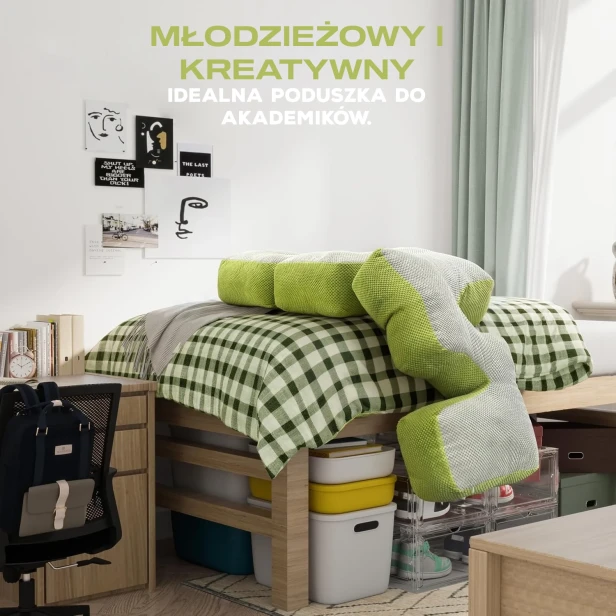 Oparcie na Zagłówek Snake zielono-szare w akademiku na łóżku.