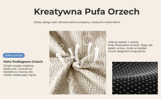 Pufa wypoczynkowa 'Orzeszek' , detale i design
