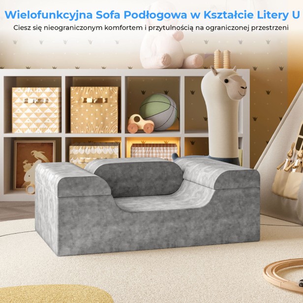 Sofa w kształcie litery U, aranżacja w pokoju dziecięcym.