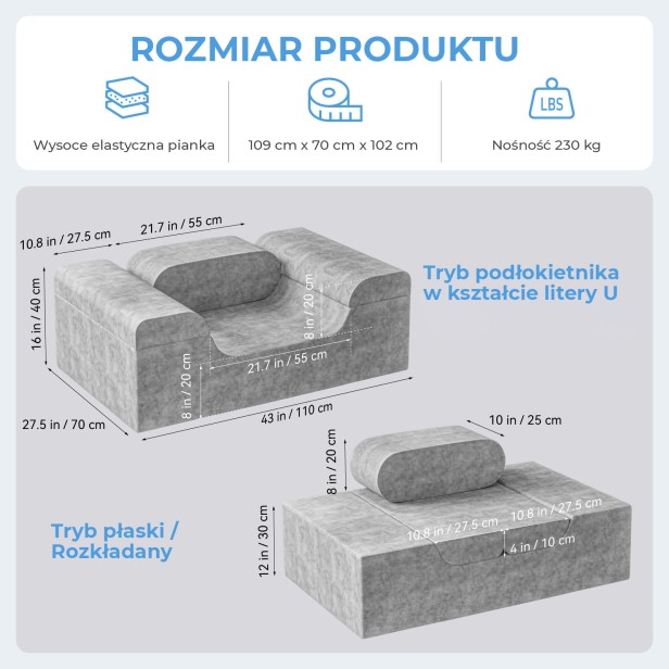 Sofa w kształcie litery U, wymiary produktu.
