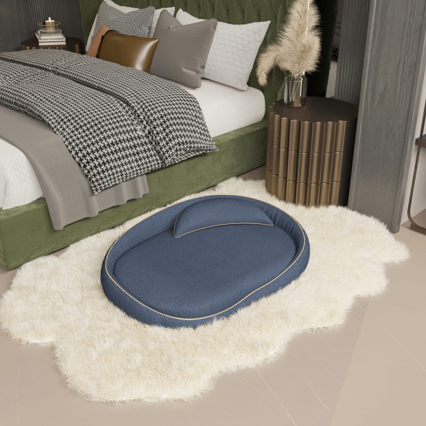 Legowisko dla Zwierząt "Groszek" Niebieskie, aranżacja w sypialni.