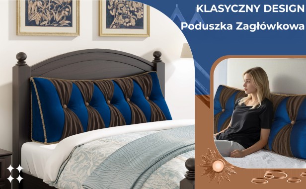 Poduszka Aksamitna w Stylu Vintage niebieska, aranżacja w sypialni na łóżku.