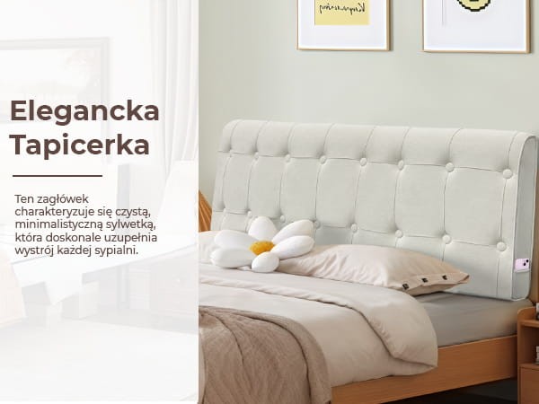 Zagłówek Pikowany z Guzikami, elegancja, aranżacja w sypialni na łóżku.