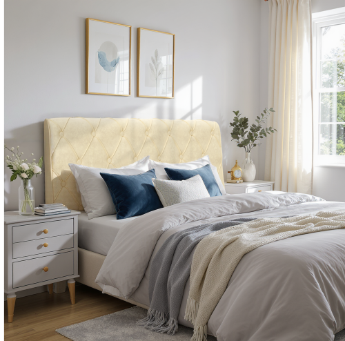 Zagłówek Zdobiony Guzikami w Romby, aranżacja w sypialni na łóżku.