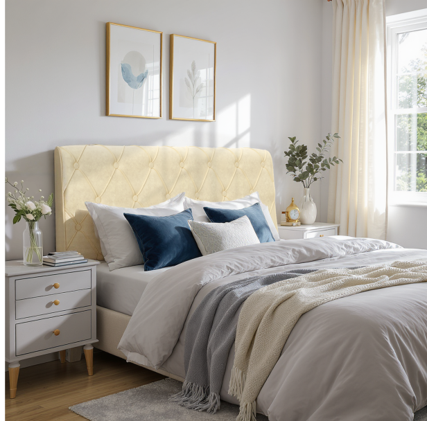 Zagłówek Zdobiony Guzikami w Romby, aranżacja w sypialni na łóżku.