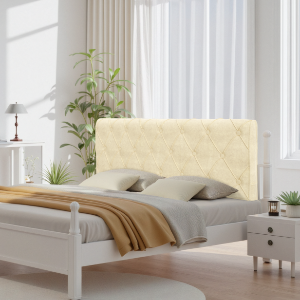 Zagłówek Zdobiony Guzikami w Romby, aranżacja na łóżku w sypialni.