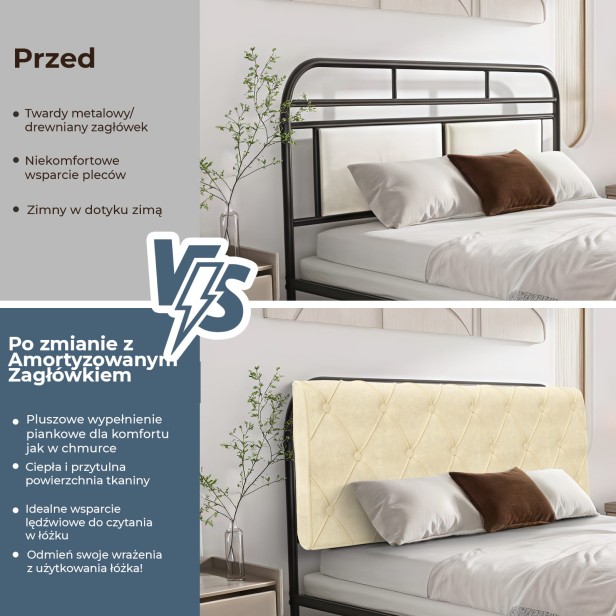 Zagłówek Zdobiony Guzikami w Romby, przed i po.