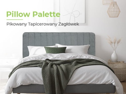 Zagłówek Tapicerowany Szary, aranżacja w sypialni na łóżku.