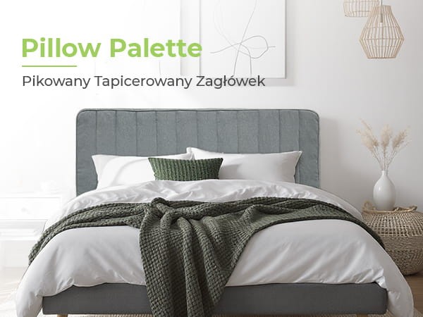 Zagłówek Tapicerowany Szary, aranżacja w sypialni na łóżku.