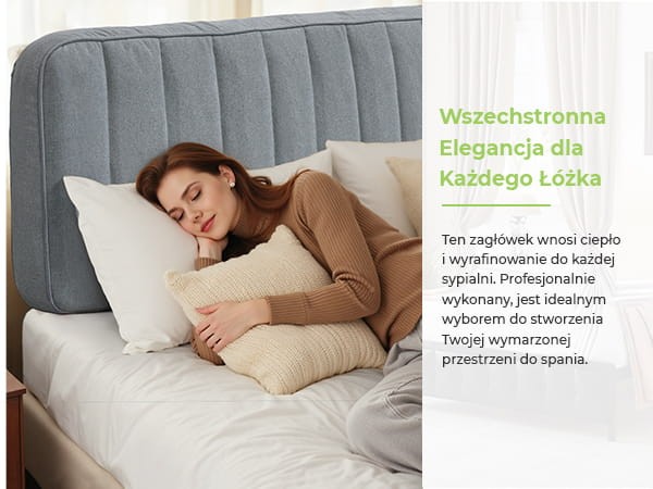 kobieta opierająca się na łóżku o Zagłówek Tapicerowany Szary.