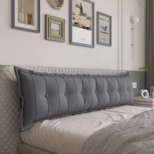 Prostokątna Poduszka do Oparcia Pleców – Bawełna Szara. Aranżacja w sypialni na łóżku.