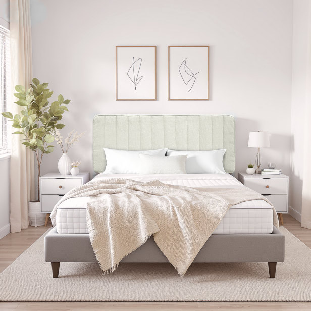 Zagłówek Tapicerowany Beżowy, aranżacja w sypialni na łóżku.