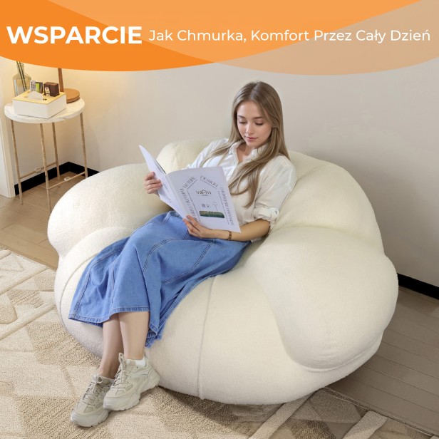 Kobieta leżąca na Wygodna Sofa Typu "Pufa", wsparcie.