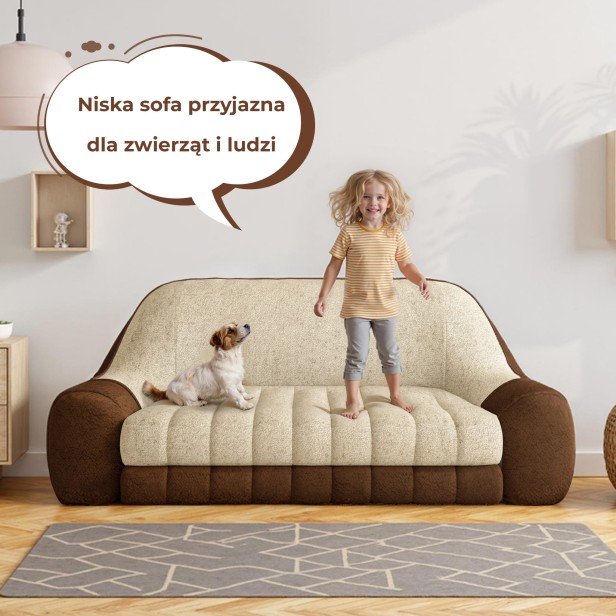 dziecko skaczące z psem na Kanapa Komfort, aranżacja w salonie