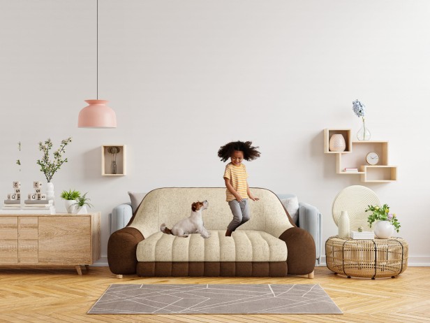 dziecko skaczące z psem na Kanapa Komfort, aranżacja w salonie