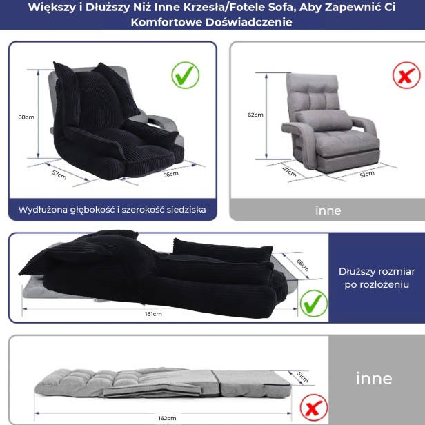 Regulowana Leżanka Podłogowa, wymiary i szczegóły produktu.