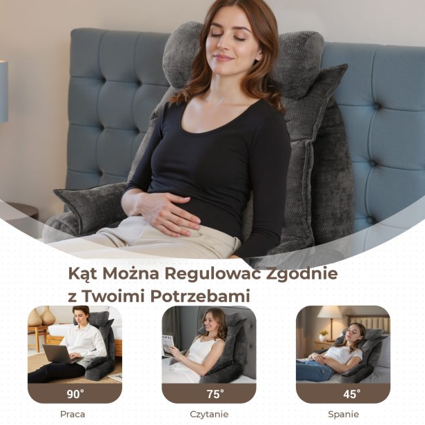 Poduszka Wspierająca Do Łóżka z Podłokietnikami Szara, kąty nachylenia.