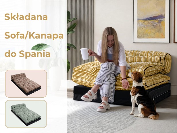 Kobieta siedząca na Kanapie Funkcyjnej Wypoczynkowej w sypialni.