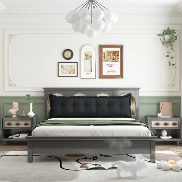 Prostokątna Poduszka do Oparcia Pleców – Bawełna Czarna. Aranżacja w sypialni na łóżku.